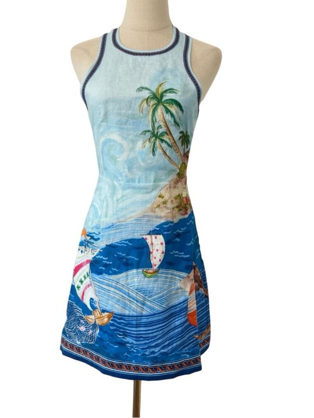 Alemais Blue Tropical Print Backless Halter Dress